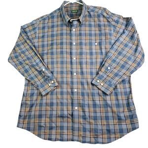 Orvis Button Front Shirt Men XXL Blue Brown‎ Plaid Cotton Casual Dress Workwear